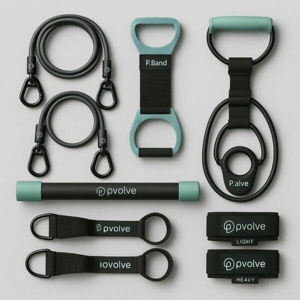 Complete set of home workout equipment including a resistance bar, P.Band, resistance bands, P.3 trainer, and light and heavy ankle bands, arranged neatly on a gray background in mint green and black colors