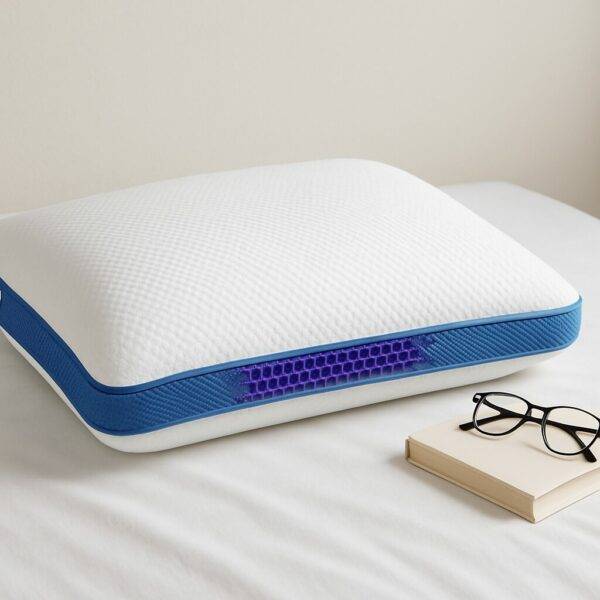 A standard-size pillow with a white textured cover and a visible purple gel-grid layer on the side, resting on a white bedsheet next to a closed book and black-framed glasses