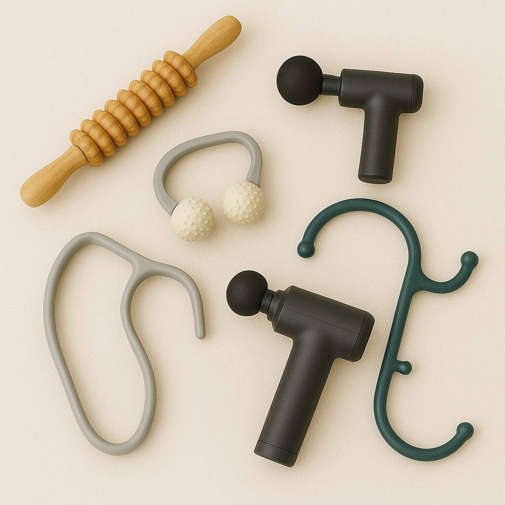Top 5 mind and muscle recovery tools – massage guns, wooden roller, manual massagers on neutral background