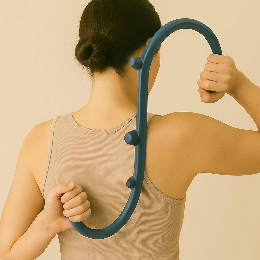 Woman using back and neck massage hook for muscle relief – manual self-massage tool demonstration