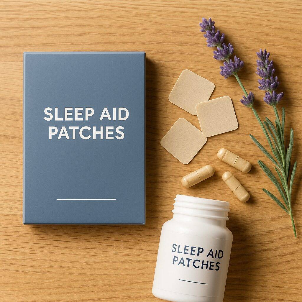 sleep support essentials blue box labeled sleep aid patches on wooden surface next to patches white bottle lavender sprigs and beige capsules
