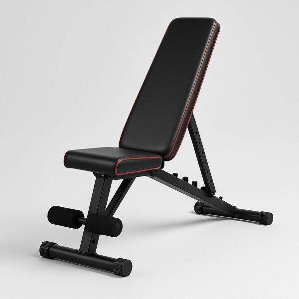 Foldable home workout bench with black padding and red stitching, featuring an adjustable backrest and sturdy metal frame, displayed on a light gray background