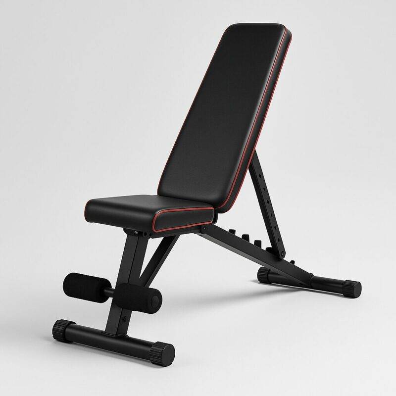 Foldable home workout bench with black padding and red stitching, featuring an adjustable backrest and sturdy metal frame, displayed on a light gray background