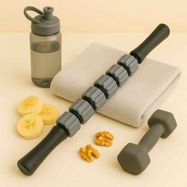A muscle roller stick with black handles and gray rollers rests on a folded towel, surrounded by a water bottle, dark dumbbell, banana slices, and walnut pieces, all arranged on a soft beige background.