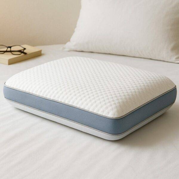 A rectangular cooling memory foam pillow with a white quilted surface and blue side panels, placed on a white bed next to a closed book and a pair of eyeglasses