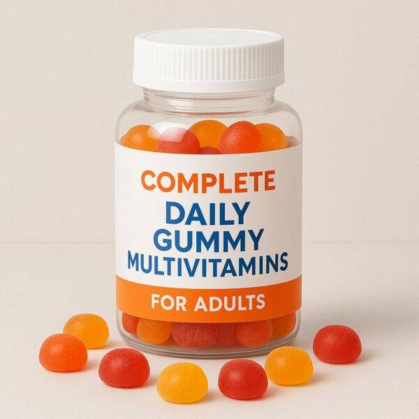 Complete Daily Gummy Multivitamins for Adults in clear bottle with colorful gummies on beige background.