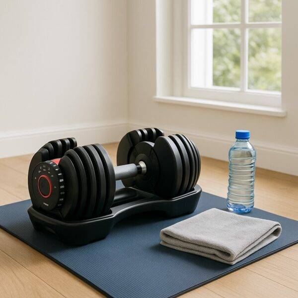 Adjustable dial dumbbell set placed on a navy exercise mat beside a folded gray towel and a clear blue water bottle, all set in front of a bright window in a minimal home workout space