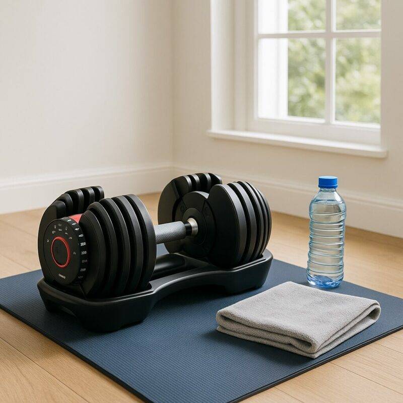 Adjustable dial dumbbell set placed on a navy exercise mat beside a folded gray towel and a clear blue water bottle, all set in front of a bright window in a minimal home workout space