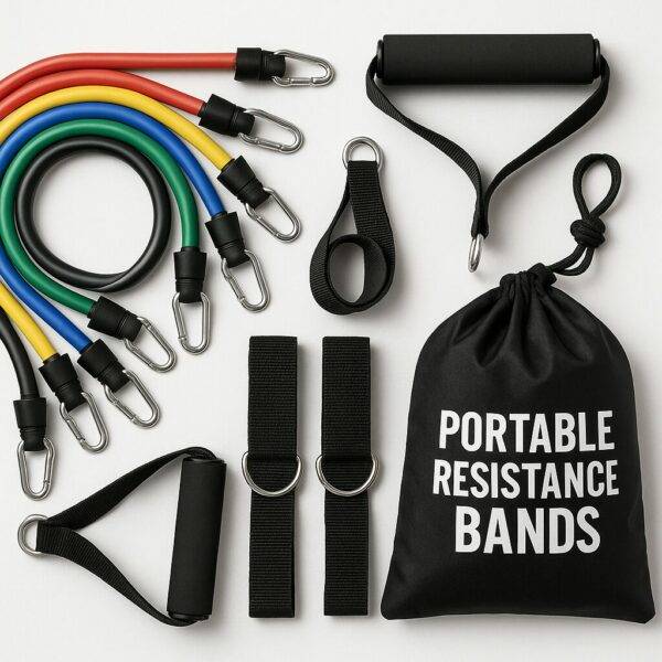 Portable resistance bands set featuring five color-coded bands, foam handles, ankle straps, door anchor, and a black carrying bag labeled 'PORTABLE RESISTANCE BANDS,' displayed on a white background