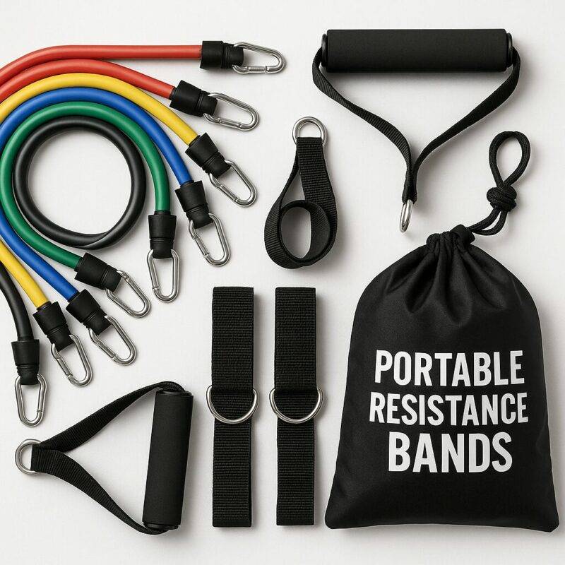 Portable resistance bands set featuring five color-coded bands, foam handles, ankle straps, door anchor, and a black carrying bag labeled 'PORTABLE RESISTANCE BANDS,' displayed on a white background