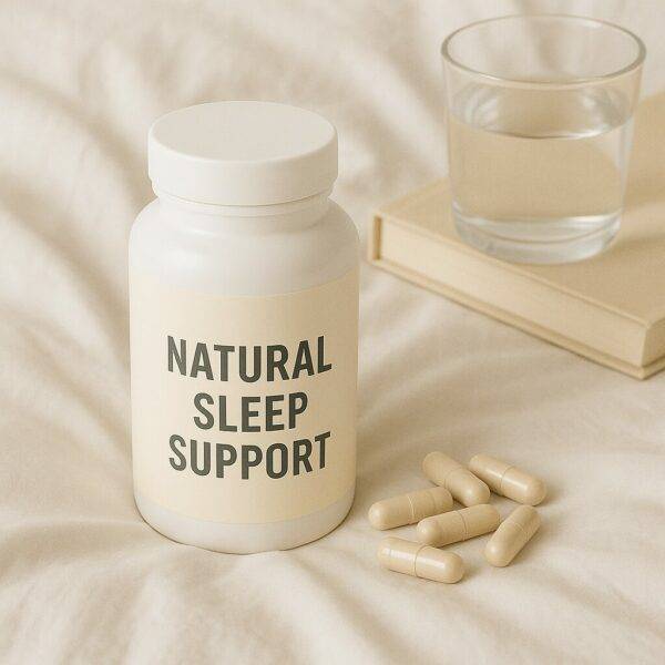 Natural sleep support supplement bottle with capsules on bed, next to water and book – calming bedtime setting