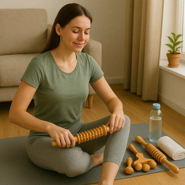 Woman sitting on a yoga mat using a wooden massage roller on her thigh, with a full set of wooden massage tools, a water bottle, and towel nearby in a cozy living room