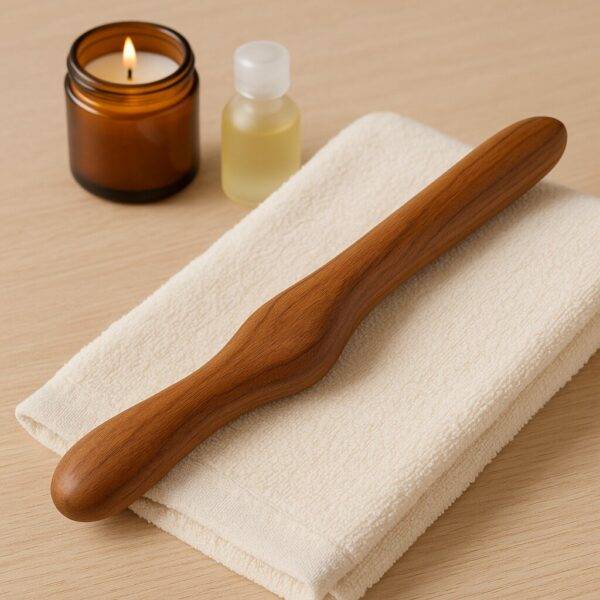 A smooth, curved wooden massage stick resting on a folded white towel, placed beside a small bottle of massage oil and a lit beige candle, all arranged on a soft white surface in a calming spa-like setting