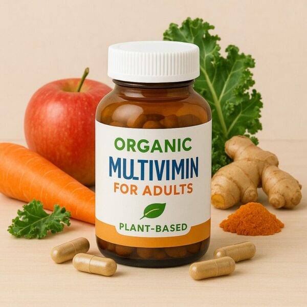 Organic multivitamin for adults in a brown glass bottle labeled "Plant-Based", surrounded by fresh apple, carrot, kale, ginger, and turmeric on a wooden surface.