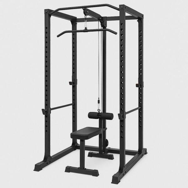 A freestanding power rack with lat pulldown attachment, padded seat, and adjustable bars, designed for full-body strength training