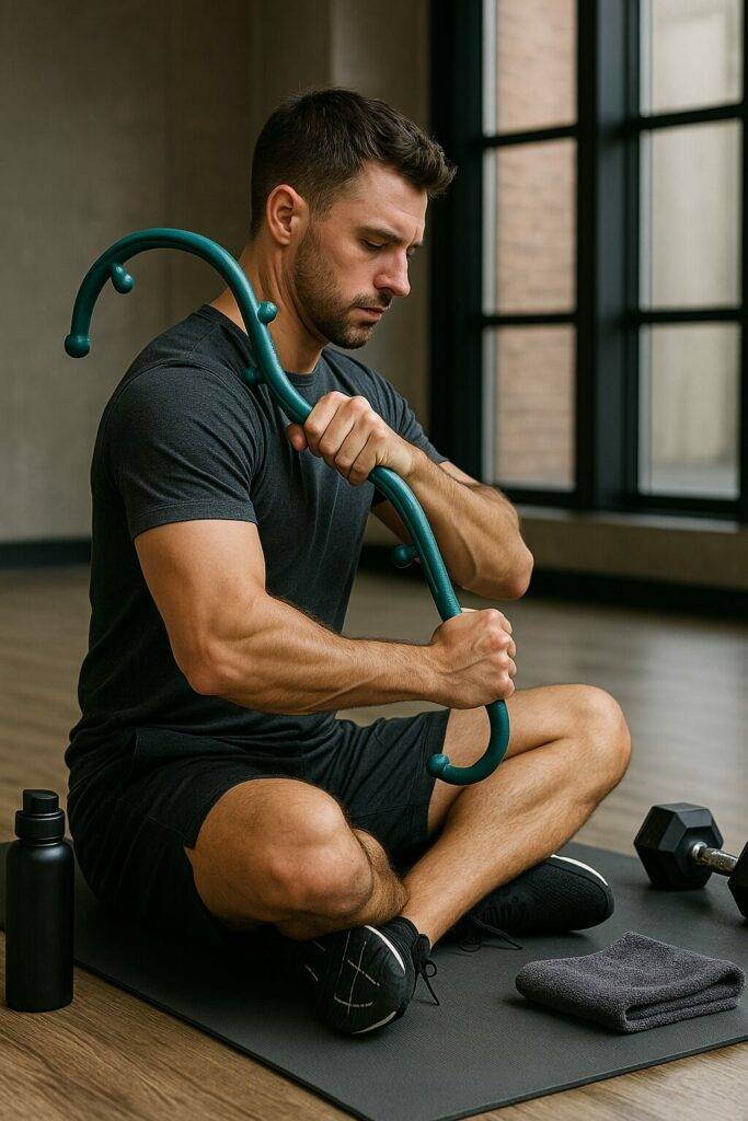 Fit man sitting on a yoga mat in a gym, using a teal S-shaped massage hook on his upper back, with a water bottle, towel, and dumbbell beside him.