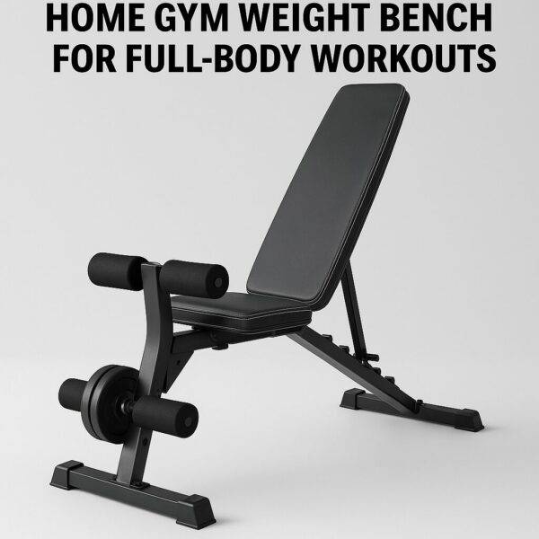 Adjustable home gym weight bench with padded backrest, seat, and leg developer attachment, designed for full-body strength training, displayed on a light gray background with clear workout labeling
