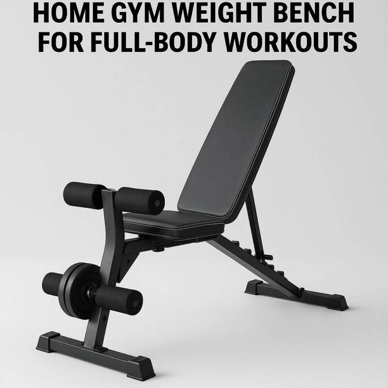Adjustable home gym weight bench with padded backrest, seat, and leg developer attachment, designed for full-body strength training, displayed on a light gray background with clear workout labeling