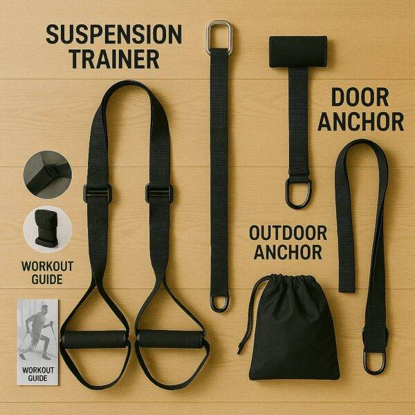 A flat lay image of a suspension trainer kit on a wooden floor, showing labeled components including suspension straps, door anchor, outdoor anchor, storage bag, and workout guide.