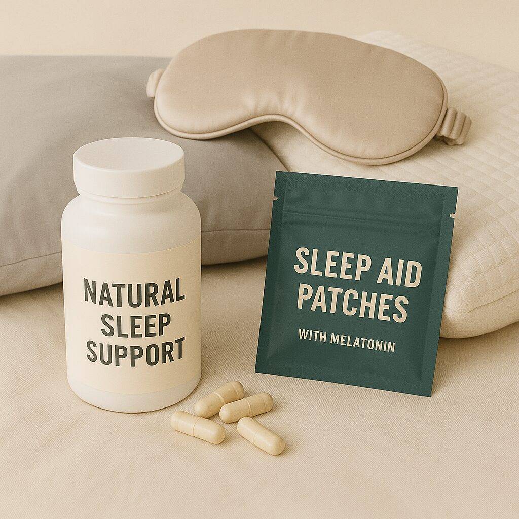 Top 5 sleep support tools – natural sleep capsules, melatonin patches, silk mask, weighted blanket, and memory foam pillow on calming beige setting