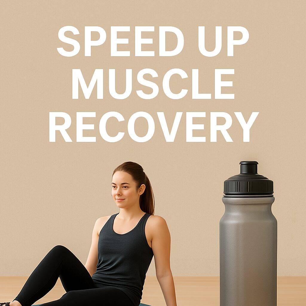 Alt text: "Woman foam rolling next to a sports bottle with the phrase 'Speed Up Muscle Recovery' on beige background"