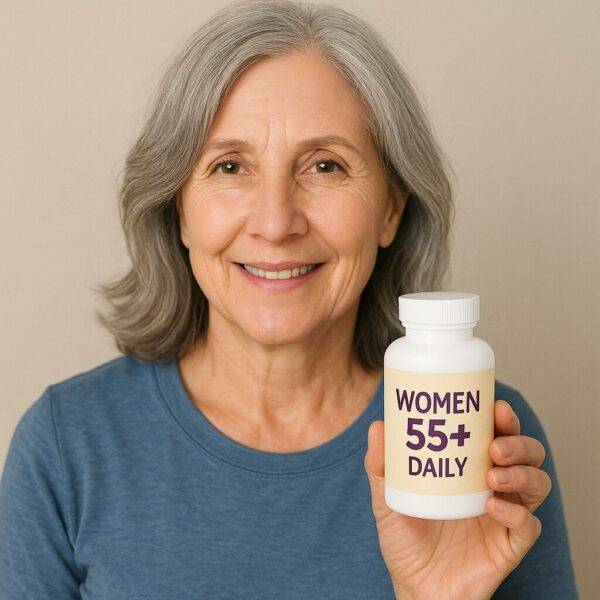 A smiling older woman with silver-gray hair holds a white supplement bottle labeled "WOMEN 55+ DAILY" against a beige background. She wears a blue shirt and appears healthy and relaxed, symbolizing wellness for women over 55.