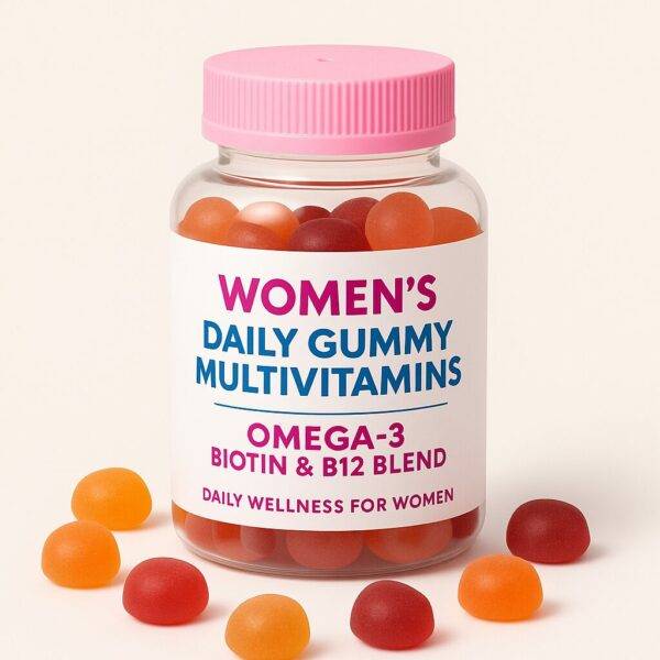 Women's Daily Gummy Multivitamins bottle with pink cap and colorful gummies scattered on soft beige background