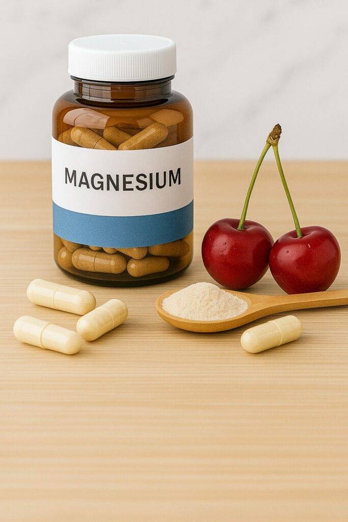 Magnesium supplement bottle with capsules, collagen powder on a wooden spoon, and cherries for natural muscle recovery