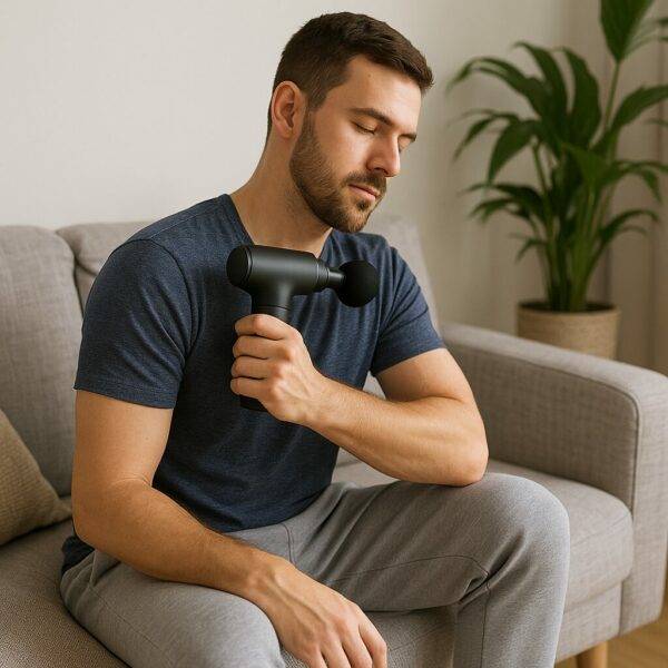 Man sitting on a gray sofa using a portable black massage gun on his shoulder, wearing a navy t-shirt and gray sweatpants, with a potted plant in the background