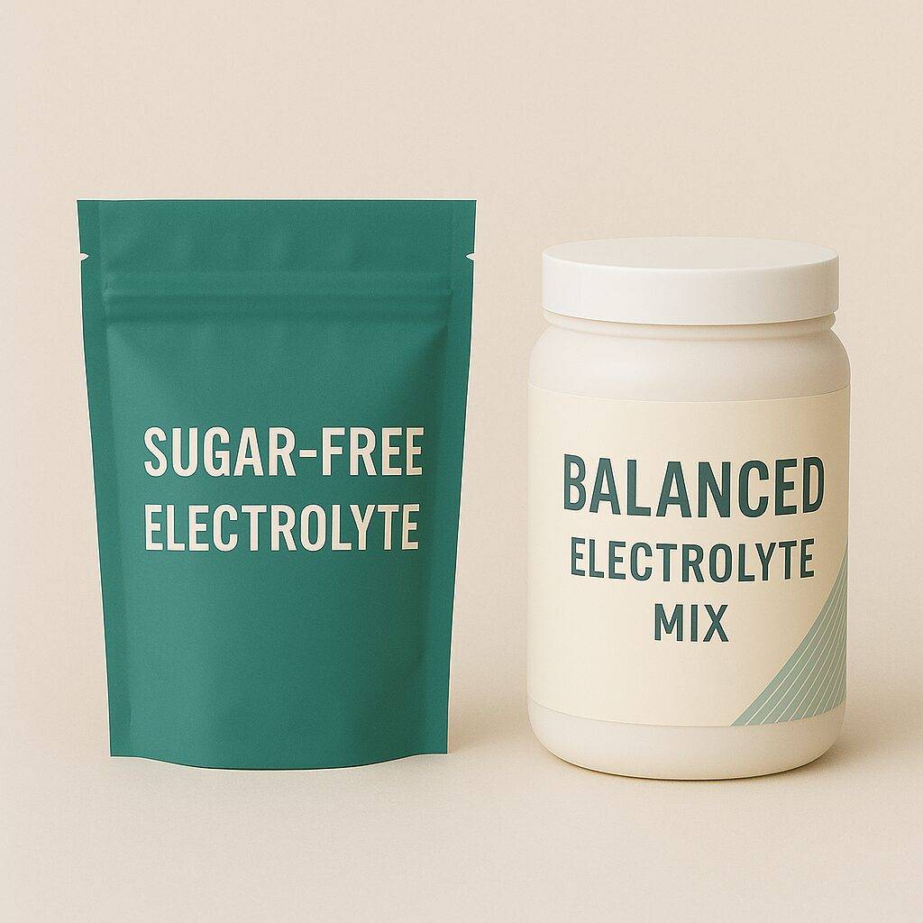 Comparison of sugar-free vs balanced electrolyte drink powders on neutral background for hydration support