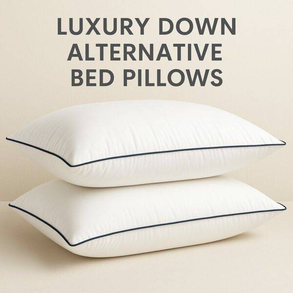 Two stacked luxury down alternative bed pillows with navy-blue piping, placed on a light beige surface under the text "LUXURY DOWN ALTERNATIVE BED PILLOW