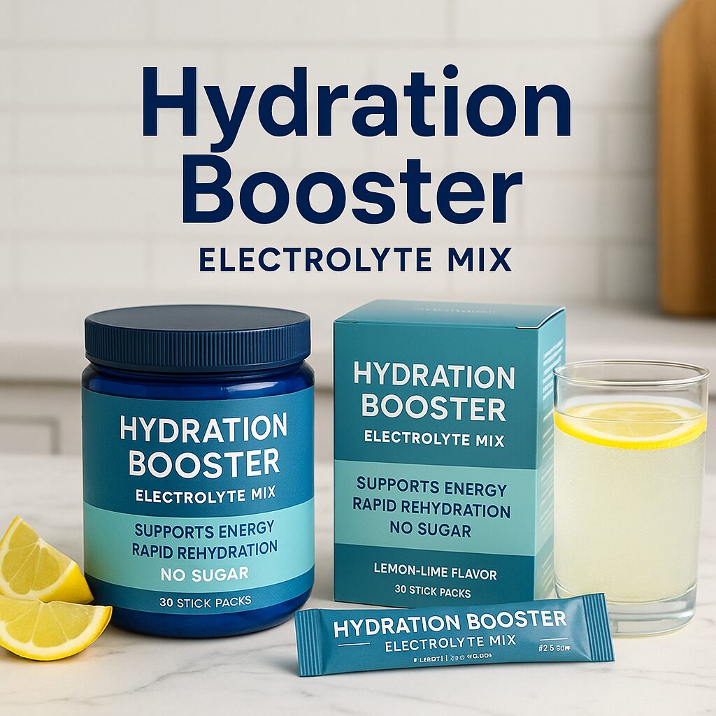 Hydration Booster Electrolyte Mix products displayed on a marble counter, including a blue jar, stick pack, and retail box with lemon slices and a glass of lemon water, with bold headline text above.