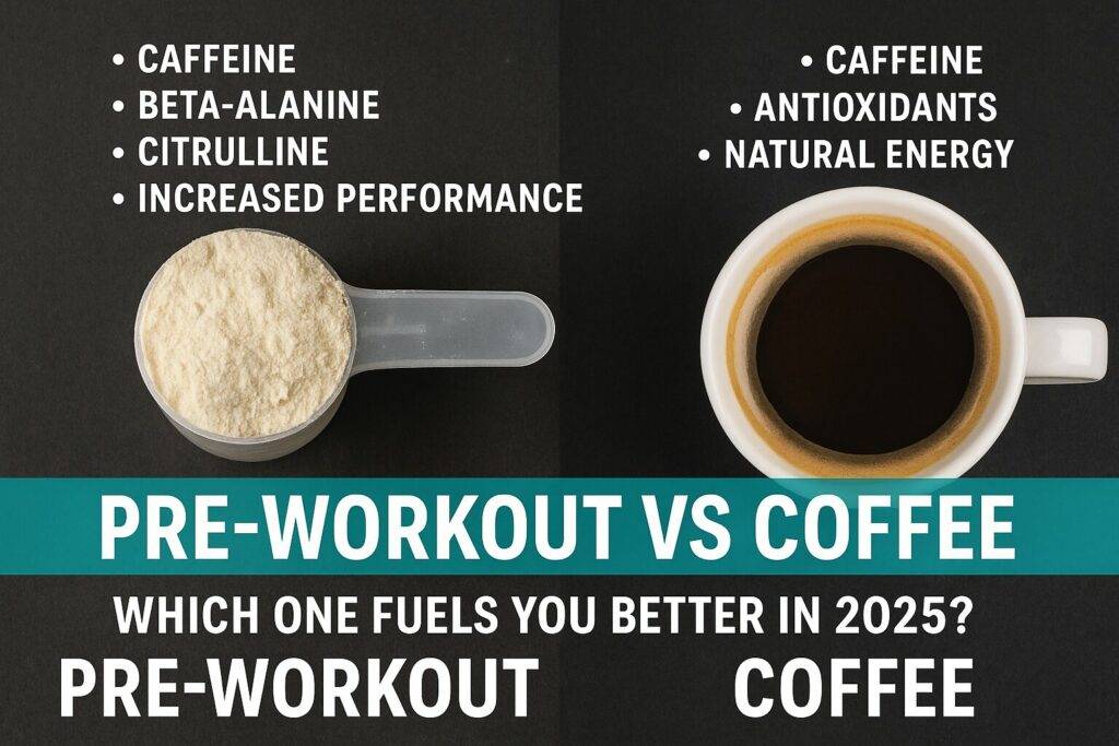 Pre-workout supplements displayed with ingredient icons including caffeine, beta-alanine, and citrulline — designed to boost energy and workout performance.