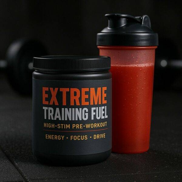 Extreme Training Fuel pre-workout supplement container with bold orange and gray label, next to a red shaker bottle on a black gym floor, surrounded by dark blurred workout equipment in the background