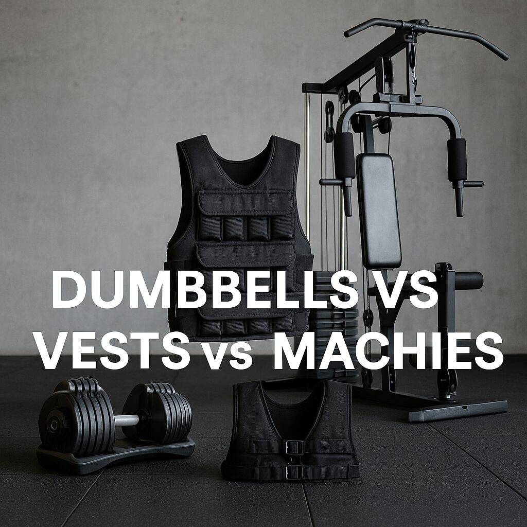 Square photo comparing dumbbells, a weighted vest, and a home gym machine in a minimalist home setting with natural lighting, showcasing real equipment for 2025 fitness goals.