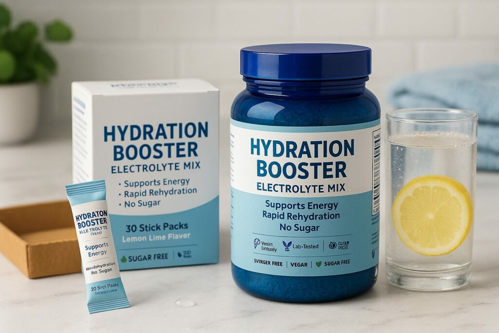 Hydration Booster Electrolyte Mix products displayed on a white marble countertop, including a blue supplement jar, stick pack, and box labeled with benefits like ‘Supports Energy, Rapid Rehydration, No Sugar’, next to a glass of lemon water