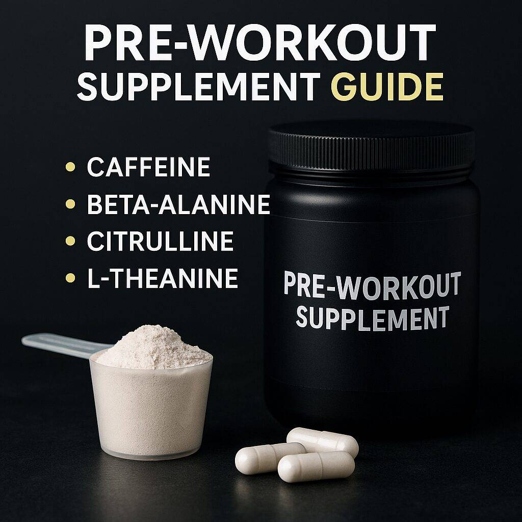 A realistic square image showing a black pre-workout supplement container, scoop of powder, and capsules, with ingredient list: caffeine, beta-alanine, citrulline, and L-theanine – ideal for a beginner’s pre-workout supplement guide.