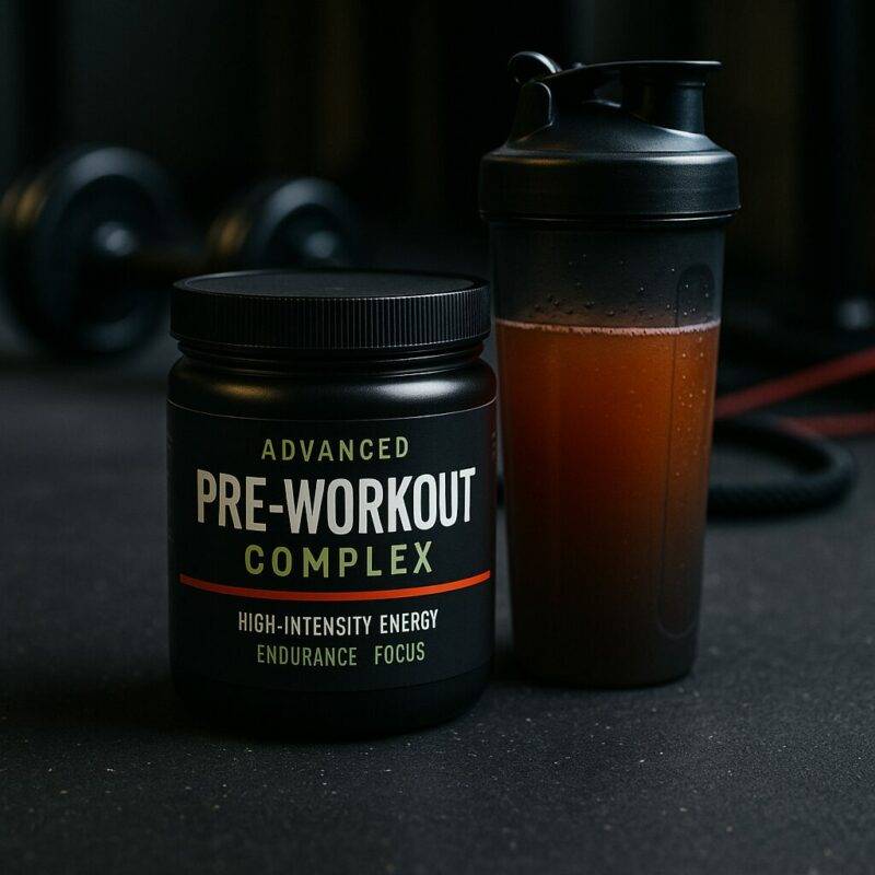 Advanced Pre-Workout Complex tub with dark label and green accents next to a shaker bottle filled with red-orange drink, placed on a gym floor with blurred dumbbells in the background.