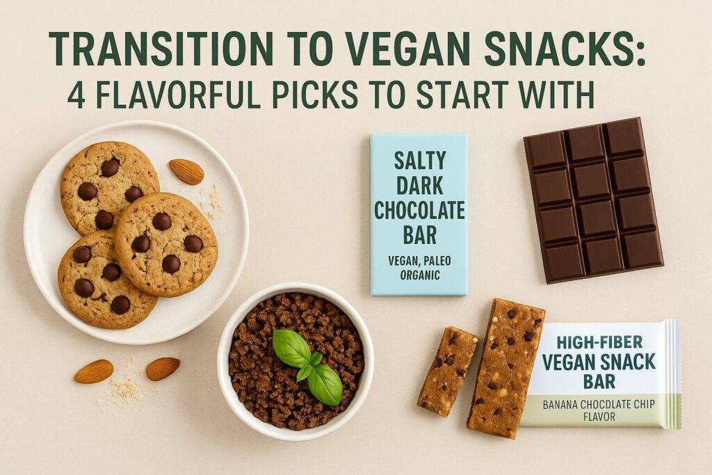 A vibrant flat-lay of four vegan snack products—almond flour cookies, dark chocolate bar, plant-based ground beef, and a banana snack bar—arranged on a natural wood background with a title overlay that reads “How to Transition to Vegan Snacks Without Sacrificing Flavor.”