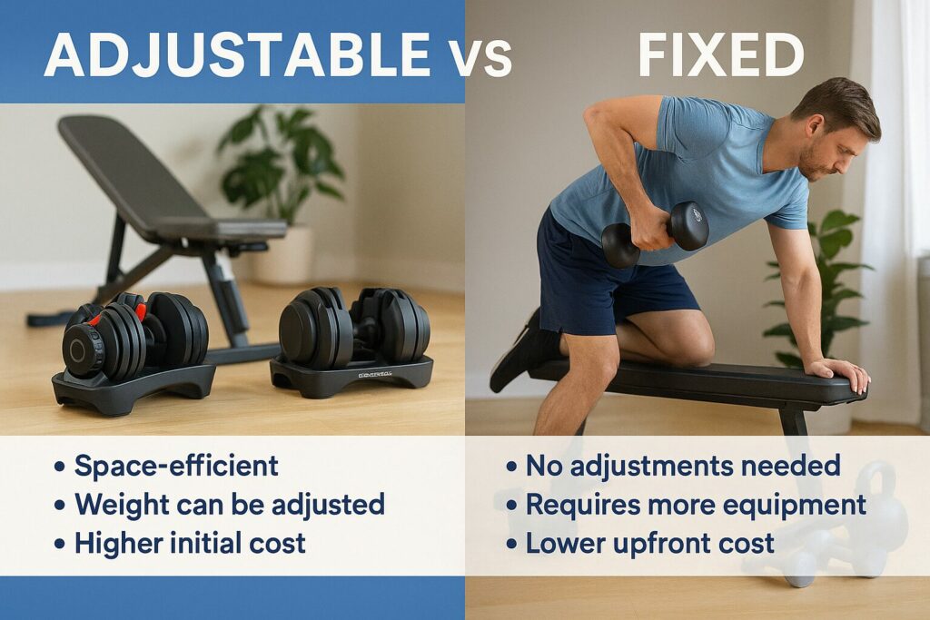 A realistic side-by-side comparison photo showing a man using adjustable dumbbells on the left and fixed dumbbells on the right, highlighting the differences for beginner home workouts.