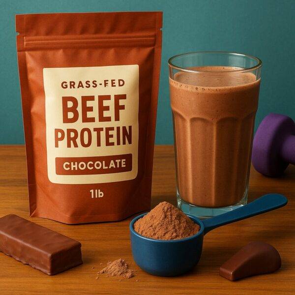 A chocolate-flavored beef protein powder pouch labeled “Grass-Fed Beef Protein – Chocolate – 1lb” stands beside a glass of smoothie, a blue scoop of powder, a chocolate bar, and a purple dumbbell on a wooden surface.