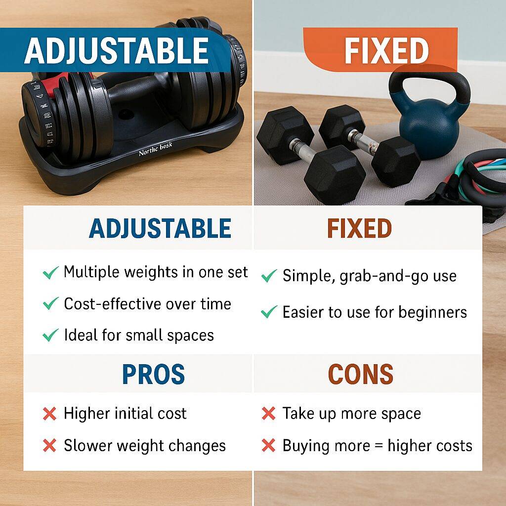 A comparison image showing a fit man lifting adjustable dumbbells on one side and fixed dumbbells on the other, with labeled pros and cons of each weight type for beginners in a home gym setting.