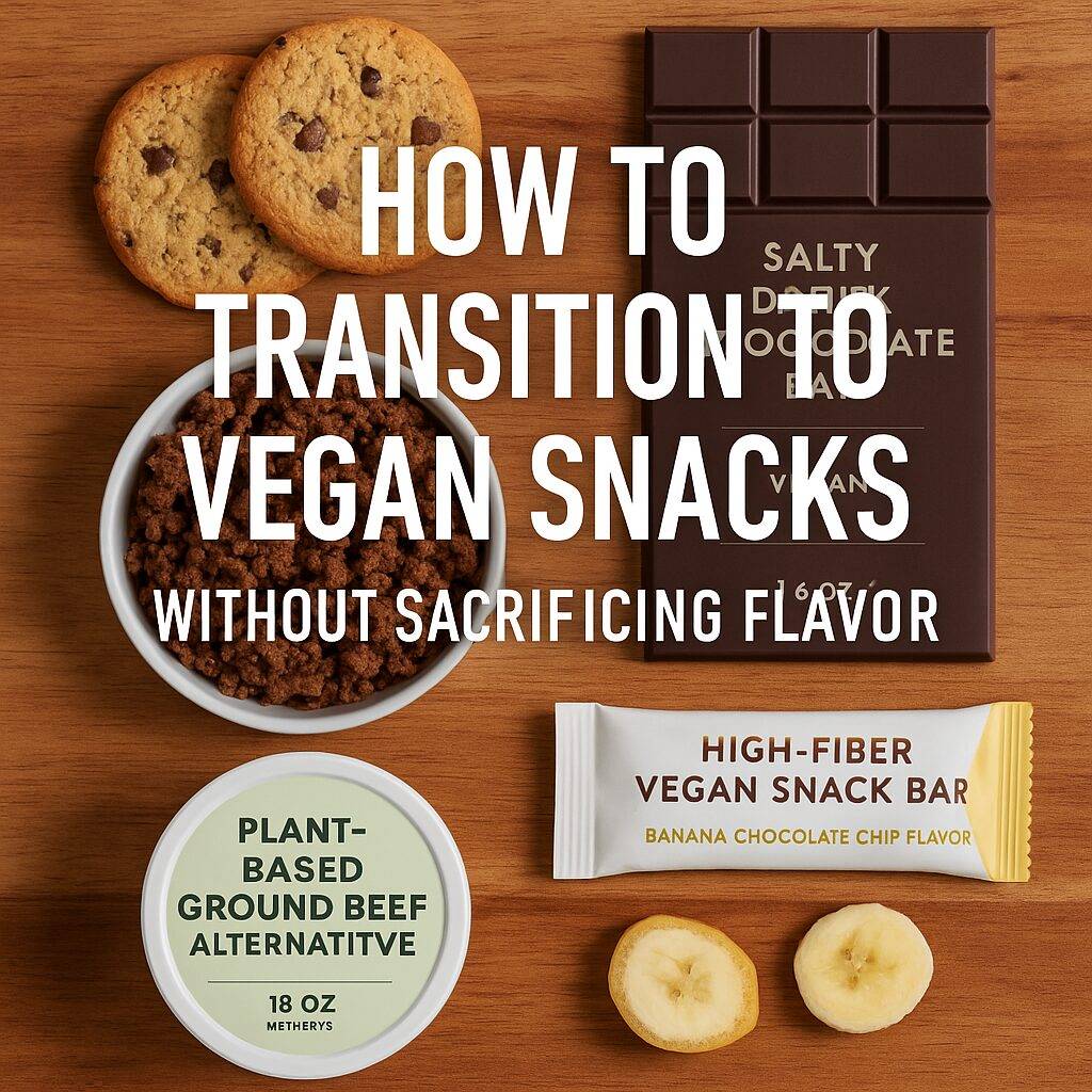 A flat-lay digital photograph features four vegan snack options—almond flour cookies, a dark chocolate bar, plant-based ground beef, and a banana snack bar—arranged in a clean square layout with soft lighting and a modern natural background.