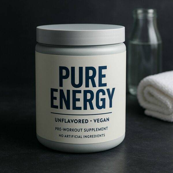 Modern cylindrical pre-workout supplement container with light gray body and navy blue label, placed on a minimalist dark surface with soft lighting, conveying a clean and performance-focused design.