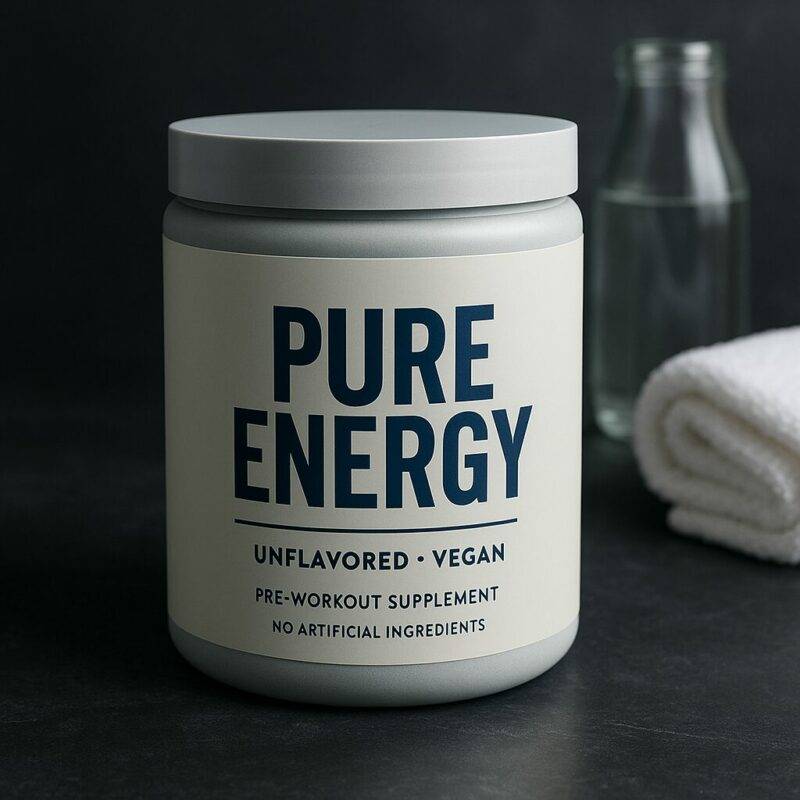 Modern cylindrical pre-workout supplement container with light gray body and navy blue label, placed on a minimalist dark surface with soft lighting, conveying a clean and performance-focused design.