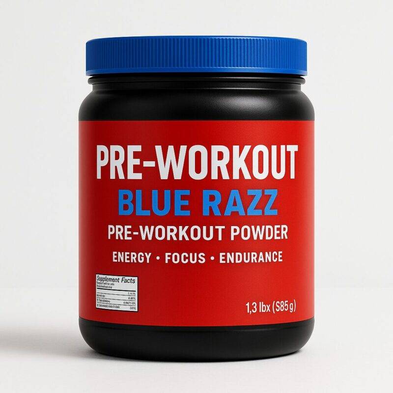 Blue razz pre-workout powder container with bold red and black label, displayed on a clean white background in a flat lay studio style.