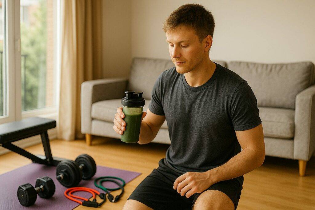 A fit man with short hair and light skin is standing in a home workout space, holding a shaker bottle of pre-workout. Around him are strength training tools including dumbbells, a bench, and resistance bands, with natural light streaming through a nearby window.