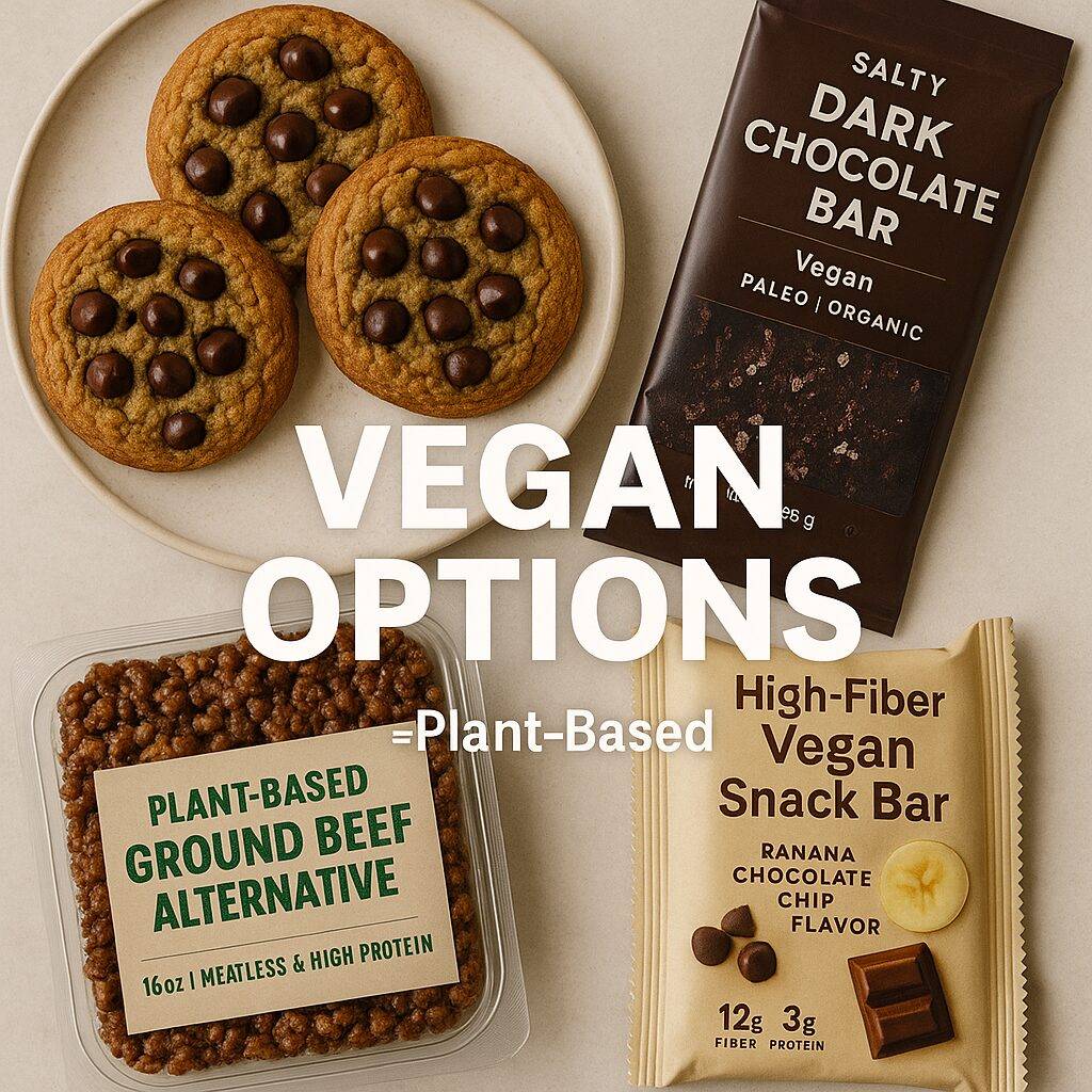A square flat-lay image showing four vegan snacks: almond flour chocolate chip cookies, a dark chocolate bar labeled "Vegan, Paleo, Organic", a plant-based ground beef alternative container, and a high-fiber banana chocolate chip vegan snack bar. The centered text reads “VEGAN OPTIONS = Plant-Based” in bold white letters.
