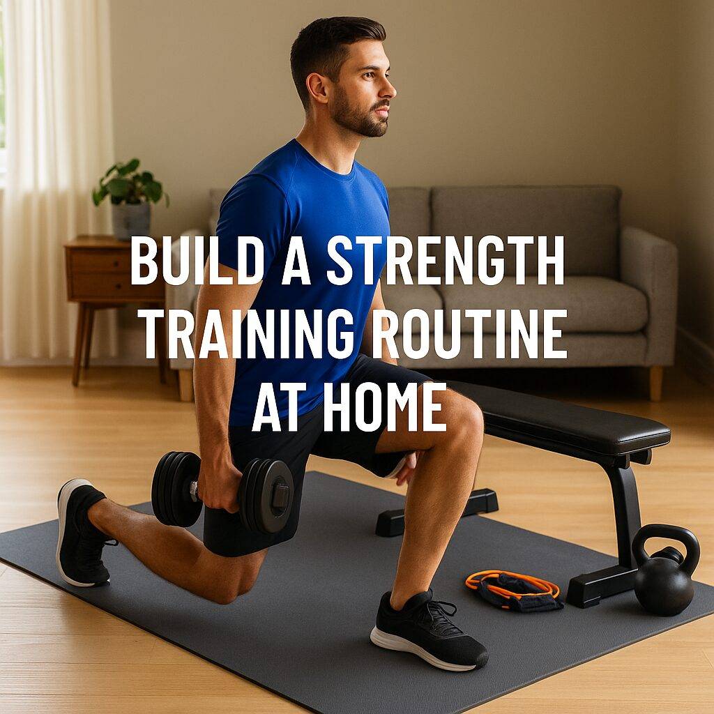 A fit man working out in his living room, surrounded by home strength training equipment including dumbbells, a bench, and resistance bands, with natural daylight streaming through the window.