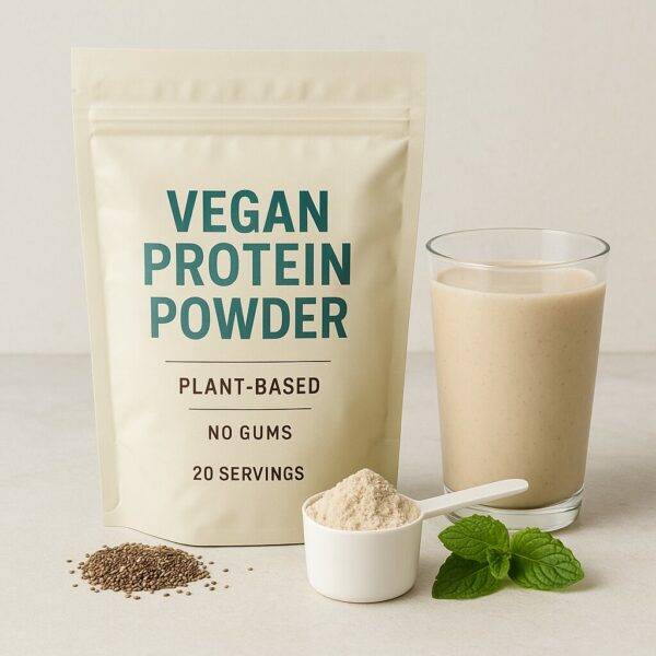 A resealable standing pouch labeled “Vegan Protein Powder – Plant-Based – No Gums – 20 Servings” sits next to a smoothie glass, chia seeds, a scoop of powder, and fresh mint on a neutral surface.